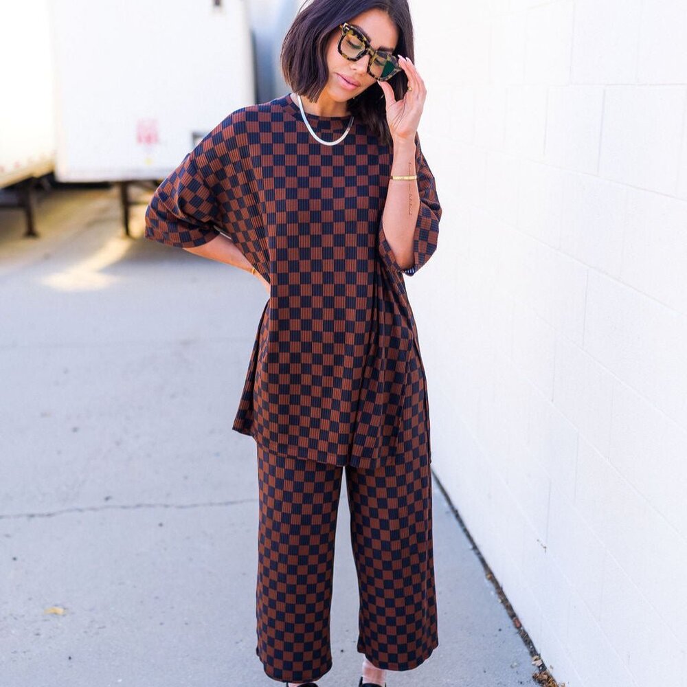 Dress in LALA Lex Ribbed Checkerboard Playsuit Co-Ord Set – Black Mocha, Size S